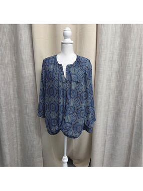 Sami & Jo Blue Patterned Button-Front Peasant Blouse Size 2X